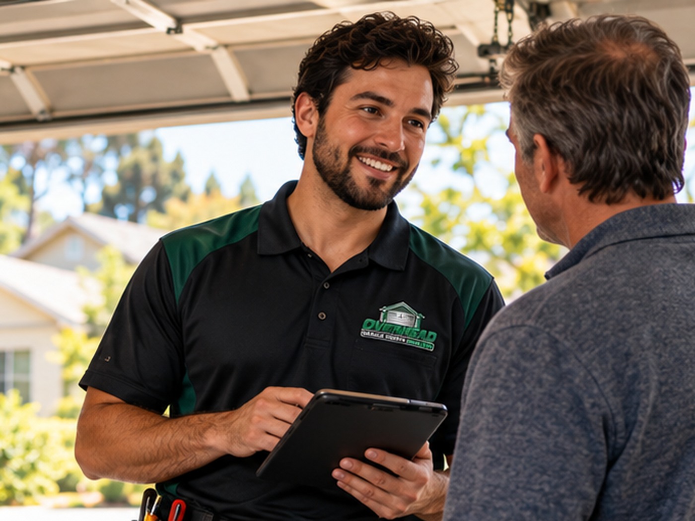 Garage door technician inspecting a residential door